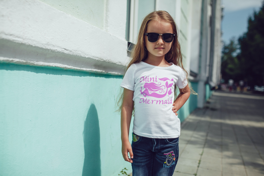 Girls Mini Mermaid T-shirt age 5-6yrs. White recycled polyester with pink graphic. Cool, breathable and quick drying.