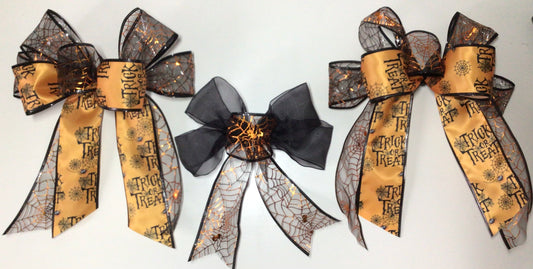 Halloween bows pack of three Trick or Treat and cobweb design in black and orange - Luxury bows