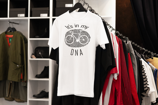 Cyclist theme T-shirt in quick dry recycled polyester with wording ‘It’s in my DNA’ around a graphic of a thumbprint with a bicycle within.